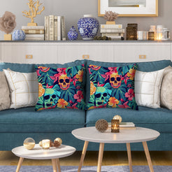 Water-resistant pillow covers with colorful skulls, hibiscus and tropical leaves, styled on a blue sofa