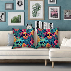 Water-resistant pillow covers with colorful skulls, hibiscus and tropical leaves, styled on a white sofa