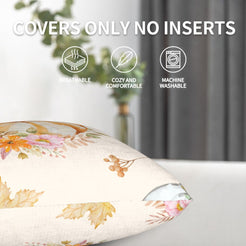 Cream floral wreath pumpkin pillow covers shown without inserts with care and zipper details