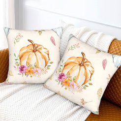 Autumn velvet pillow covers with cream floral wreath pumpkin, styled on a sofa