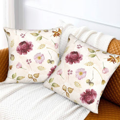 Autumn velvet pillow covers with cream burgundy flowers, styled on a sofa
