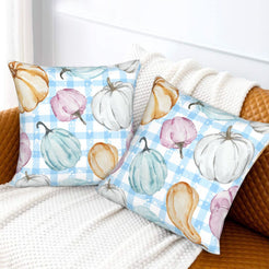 Autumn velvet pillow covers with blue gingham pastel pumpkins, styled on a sofa
