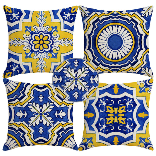 Outdoor Waterproof Throw Pillow Covers 18x18 inch Set of 4 Yellow and Blue Bohemian Cushion Covers for Patio Garden