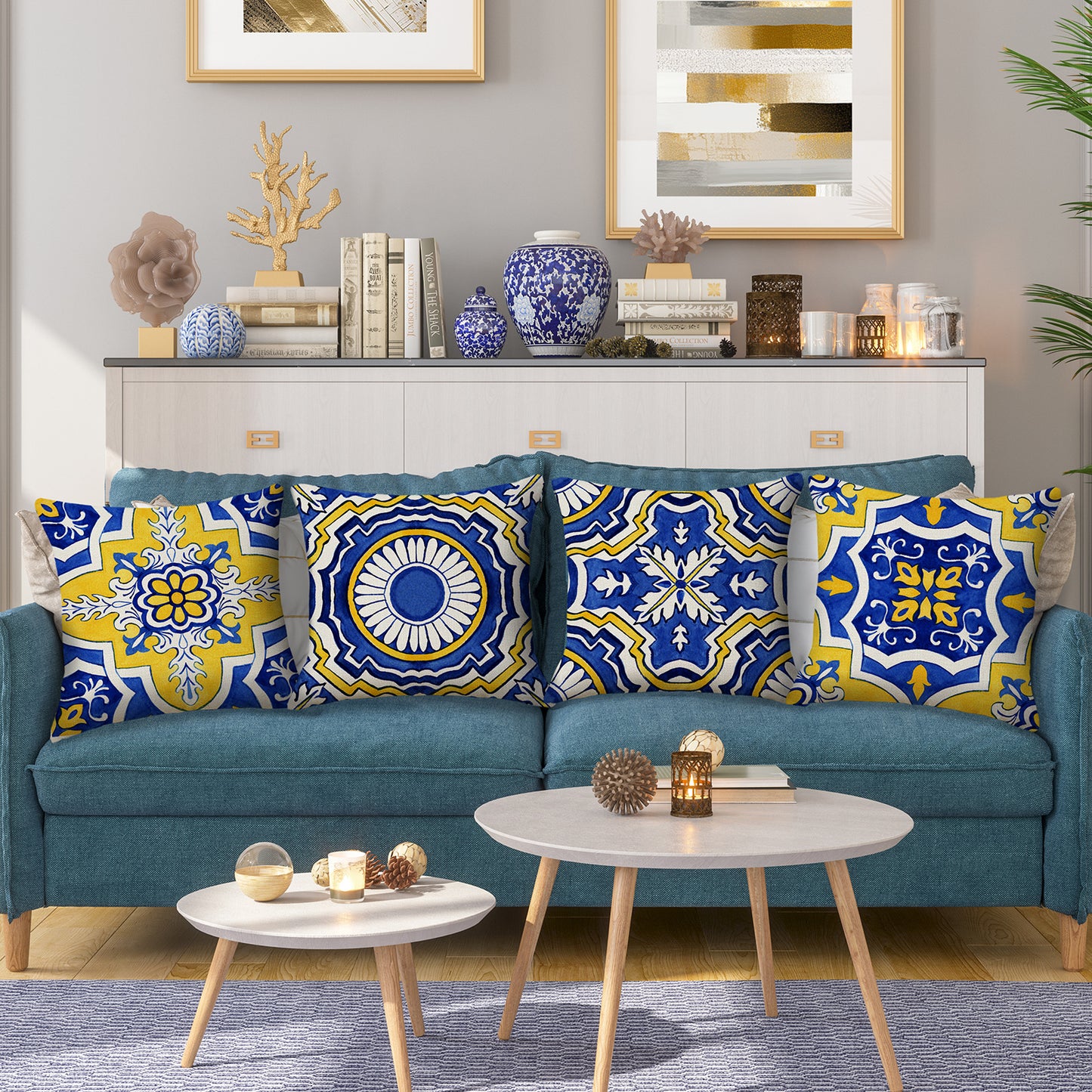 Outdoor Waterproof Throw Pillow Covers 18x18 inch Set of 4 Yellow and Blue Bohemian Cushion Covers for Patio Garden