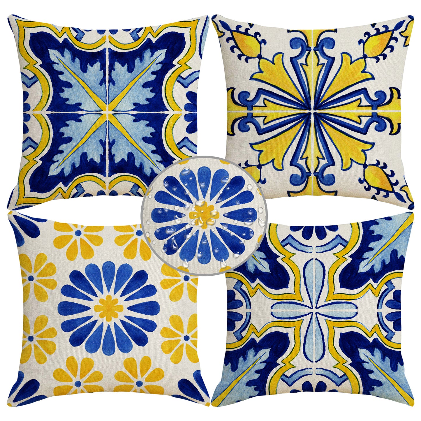 Outdoor Waterproof Throw Pillow Covers 18x18 inch Set of 4 Yellow and Blue Bohemian Cushion Covers for Patio Garden