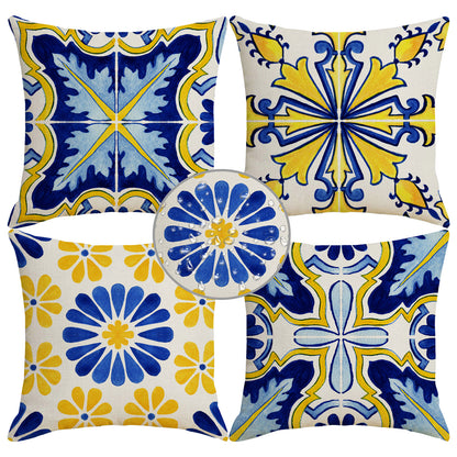 Outdoor Waterproof Throw Pillow Covers 18x18 inch Set of 4 Yellow and Blue Bohemian Cushion Covers for Patio Garden