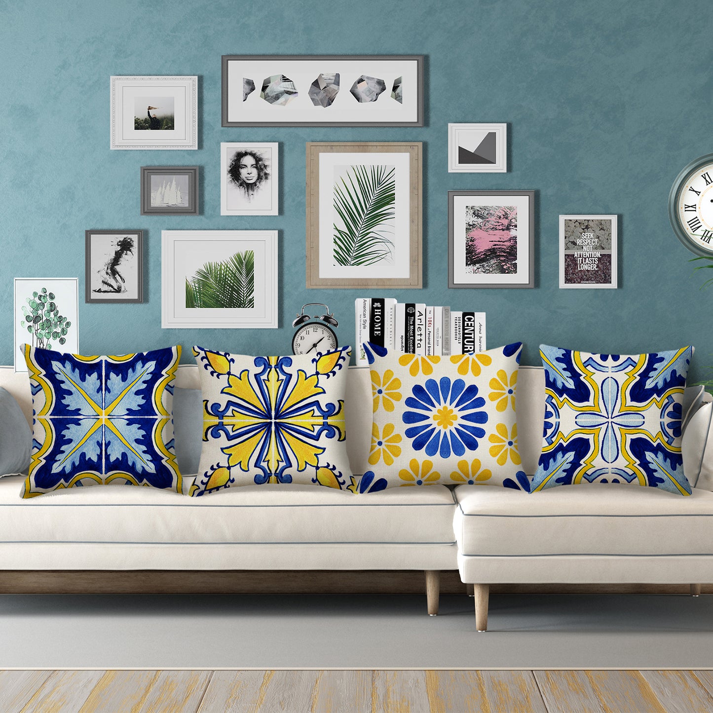 Outdoor Waterproof Throw Pillow Covers 18x18 inch Set of 4 Yellow and Blue Bohemian Cushion Covers for Patio Garden