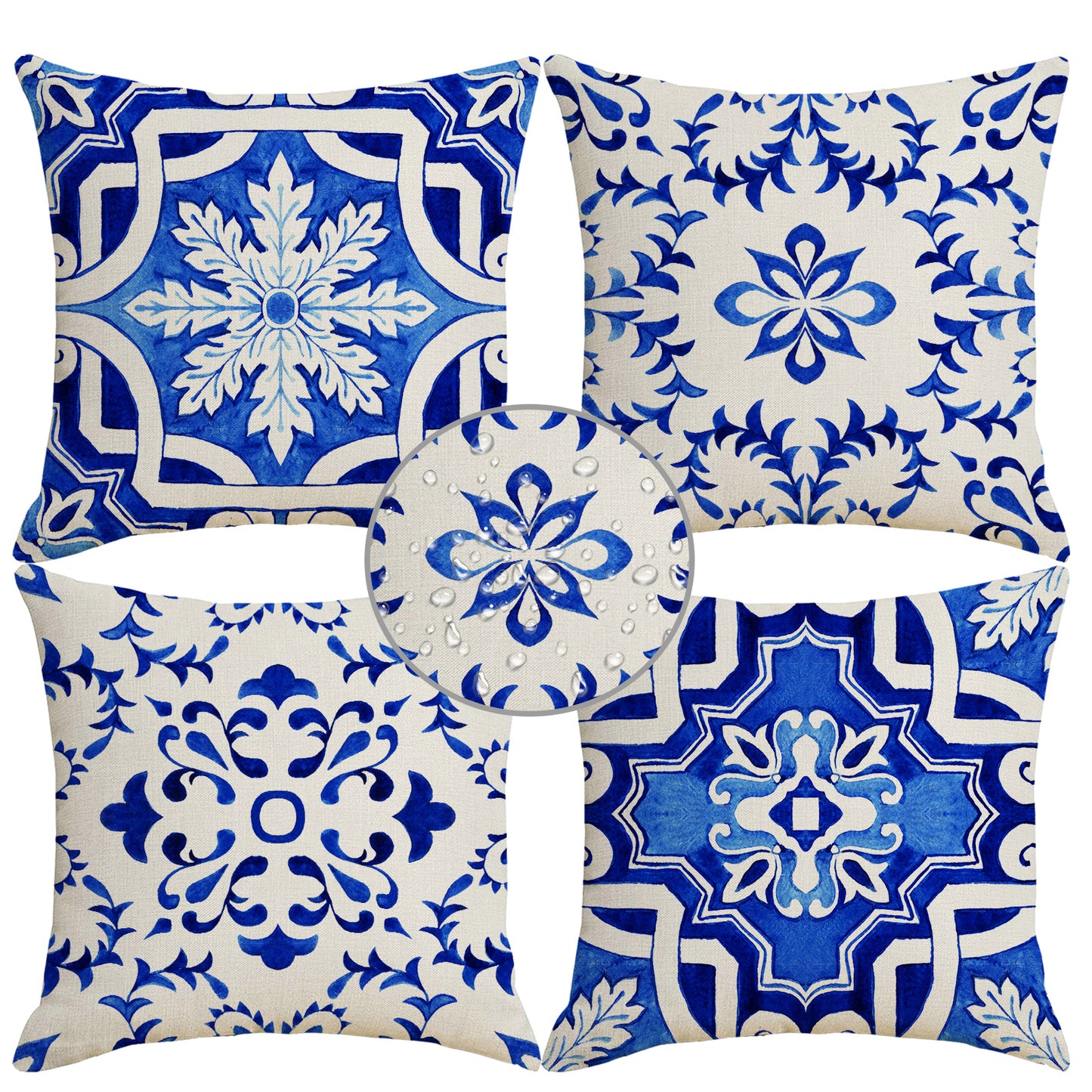 Outdoor Waterproof Throw Pillow Covers 18x18 inch Set of 4 Yellow and Blue Bohemian Cushion Covers for Patio Garden