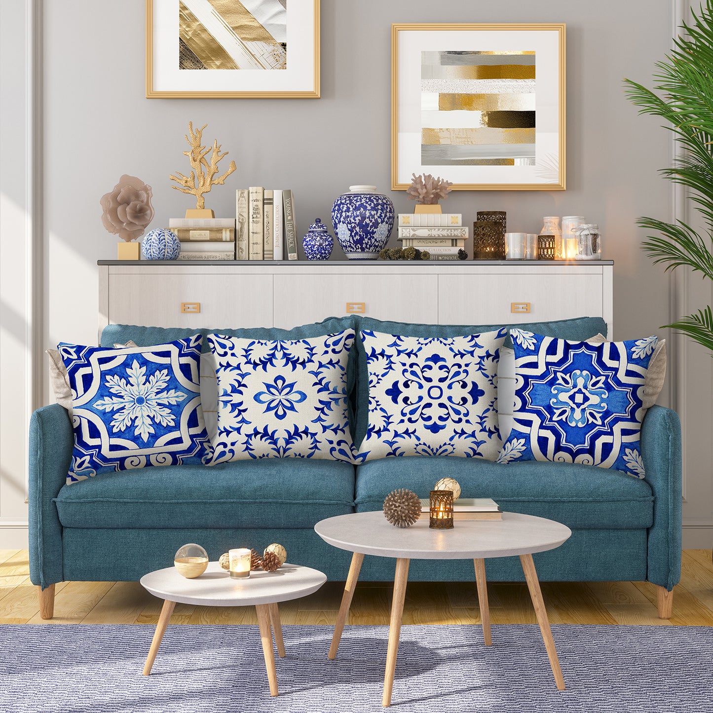Outdoor Waterproof Throw Pillow Covers 18x18 inch Set of 4 Yellow and Blue Bohemian Cushion Covers for Patio Garden