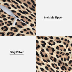 Hidden zipper and soft velvet detail on a tan leopard print pillow cover
