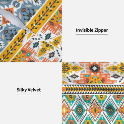 Hidden zipper and velvet detail on a pillow cover with turquoise, orange and yellow Aztec bands