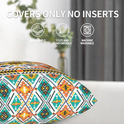 Velvet pillow cover with turquoise, orange and yellow Aztec bands, shown without an insert