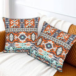 Bohemian velvet pillow covers with rust and teal tribal medallions, styled on a bed