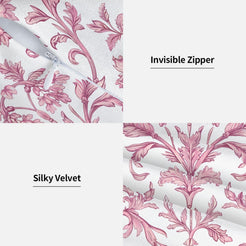 Hidden zipper and soft fabric detail on a pink toile velvet pillow cover with pink scrolling floral vines on white
