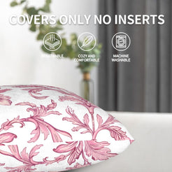 Pink toile velvet pillow cover with pink scrolling floral vines on white, shown without an insert