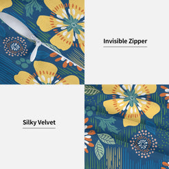 Hidden zipper and soft fabric detail on a bohemian floral velvet pillow cover with navy yellow and blue flowers