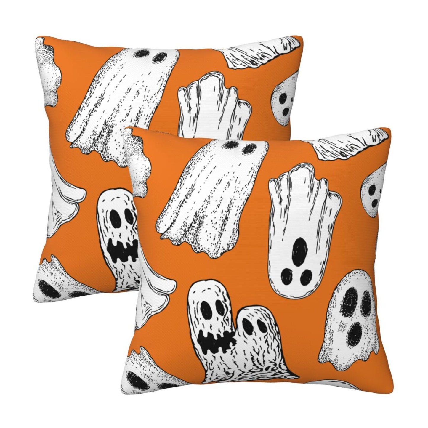 Halloween Themed Throw Pillow Covers 18x18 inch Set of 2 Ghosts Orange Velvet Decorative Cushion Covers for Sofa Couch Living Room
