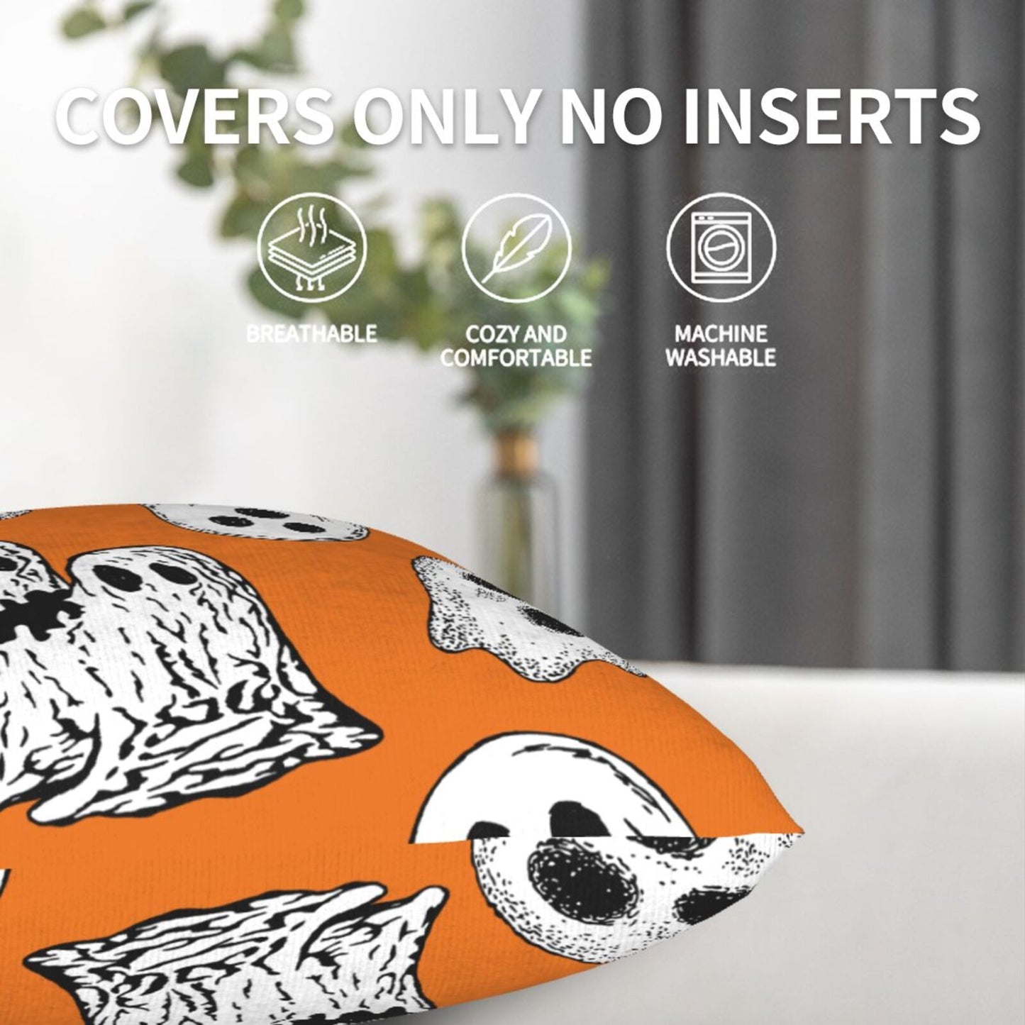Halloween Themed Throw Pillow Covers 18x18 inch Set of 2 Ghosts Orange Velvet Decorative Cushion Covers for Sofa Couch Living Room