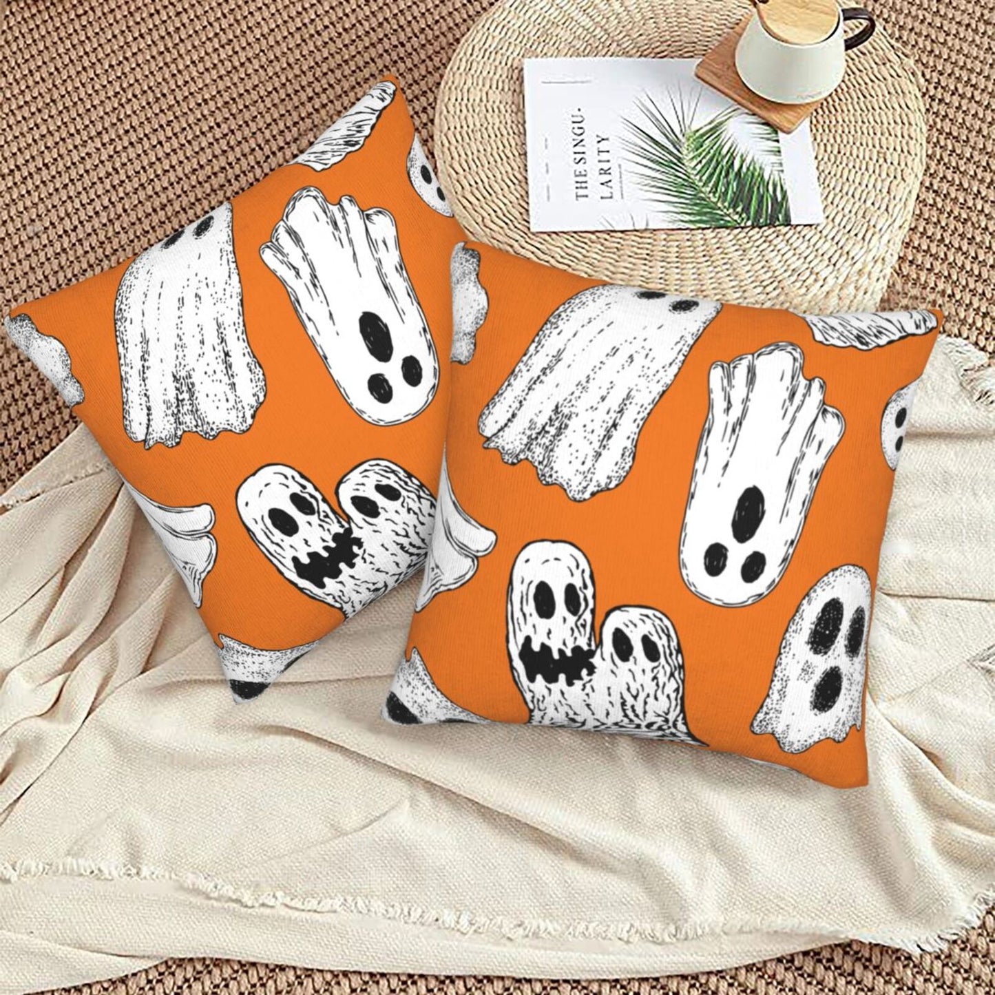 Halloween Themed Throw Pillow Covers 18x18 inch Set of 2 Ghosts Orange Velvet Decorative Cushion Covers for Sofa Couch Living Room