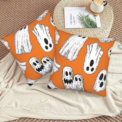 Halloween Themed Throw Pillow Covers 18x18 inch Set of 2 Ghosts Orange Velvet Decorative Cushion Covers for Sofa Couch Living Room