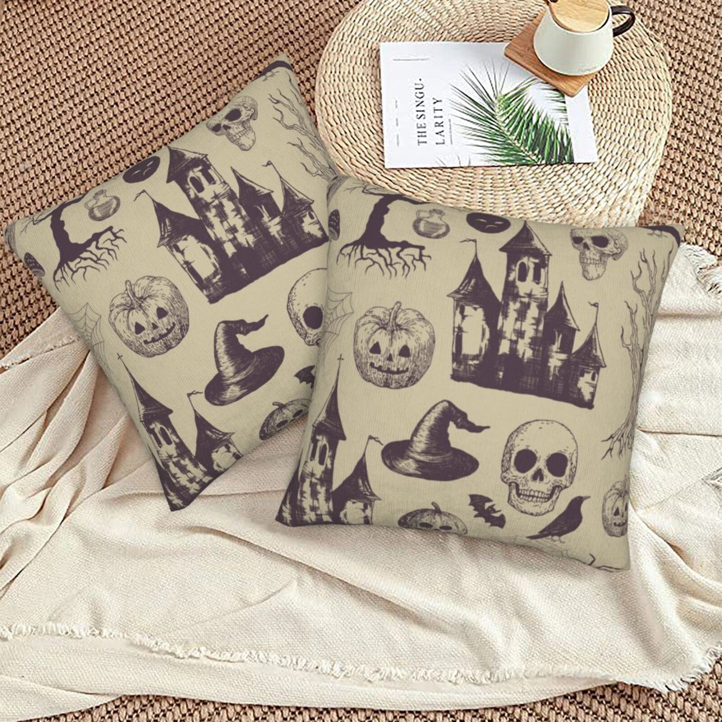 Halloween Themed Throw Pillow Covers 18x18 inch Set of 2 Ghosts Orange Velvet Decorative Cushion Covers for Sofa Couch Living Room