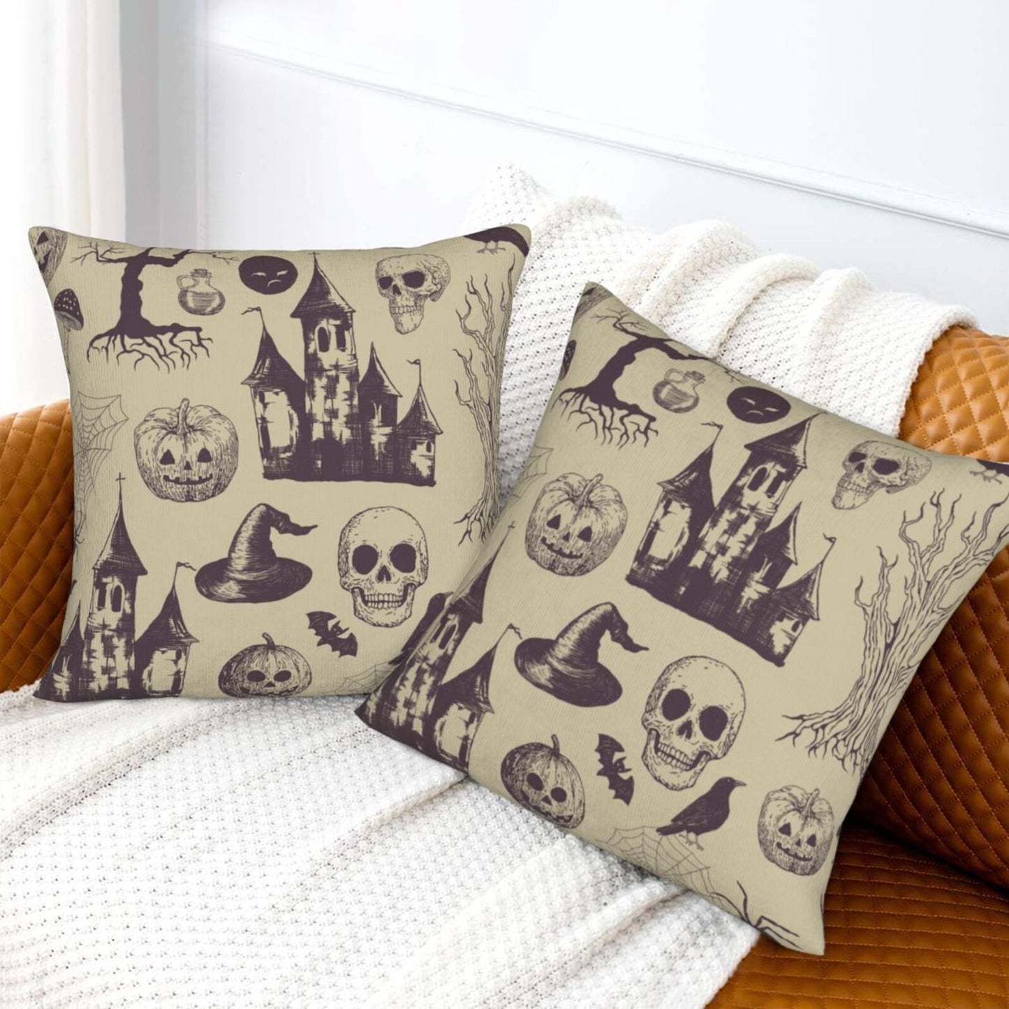 Halloween Themed Throw Pillow Covers 18x18 inch Set of 2 Ghosts Orange Velvet Decorative Cushion Covers for Sofa Couch Living Room