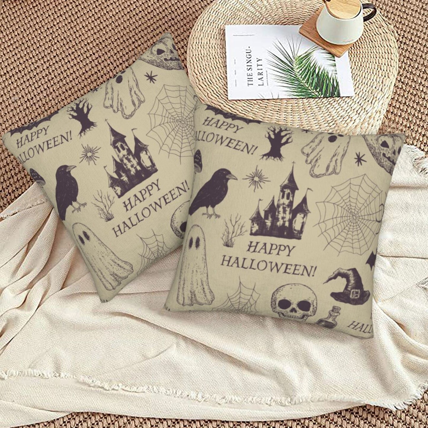 Halloween Themed Throw Pillow Covers 18x18 inch Set of 2 Ghosts Orange Velvet Decorative Cushion Covers for Sofa Couch Living Room