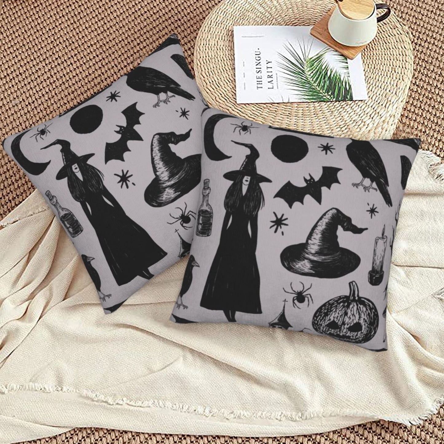 Halloween Themed Throw Pillow Covers 18x18 inch Set of 2 Ghosts Orange Velvet Decorative Cushion Covers for Sofa Couch Living Room
