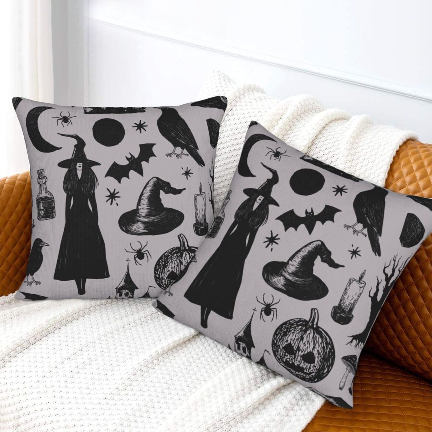 Halloween Themed Throw Pillow Covers 18x18 inch Set of 2 Ghosts Orange Velvet Decorative Cushion Covers for Sofa Couch Living Room