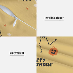 Mustard Halloween velvet pillow cover showing soft fabric and hidden zipper