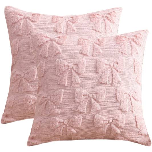 Pink Bow Throw Pillow Covers 18x18 inch Set of 2 Faux Fur Aesthetic Decorative Cushion Covers for Sofa Couch Living Room