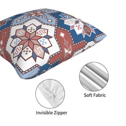 Hidden zipper and short-pile plush detail on a pillow cover with blue and rose Aztec motifs