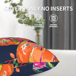 Navy pumpkin pillow covers shown without inserts with care and zipper details