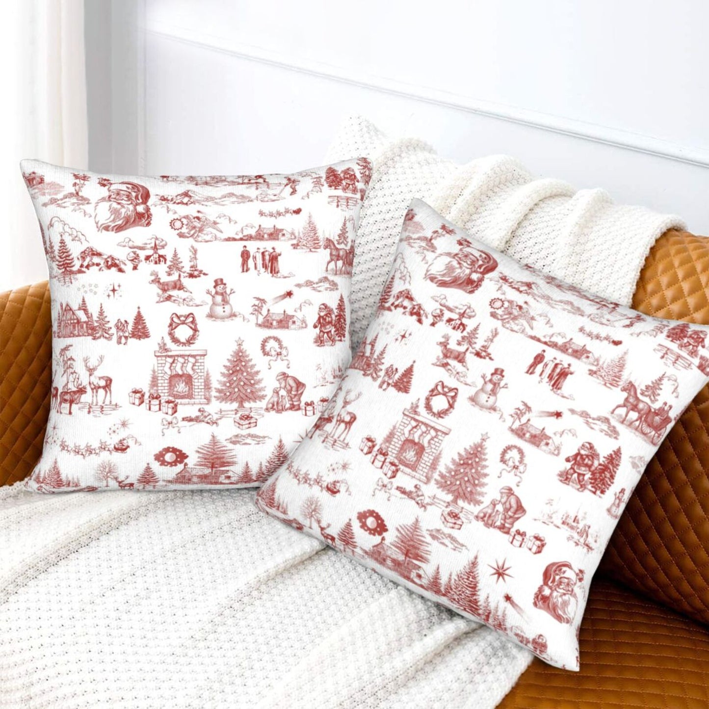 Toile Christmas Throw Pillow Covers 18x18 inch Set of 2 Winter Holiday Velvet Decorative Cushion Covers for Sofa Couch