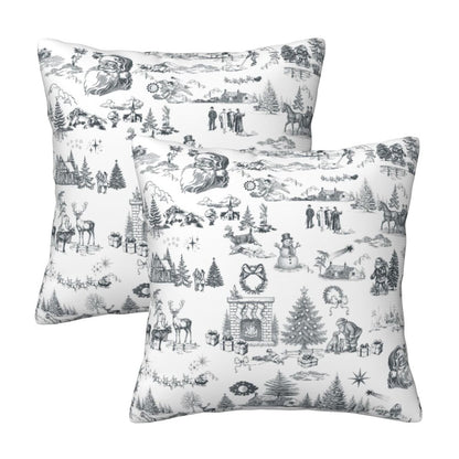 Toile Christmas Throw Pillow Covers 18x18 inch Set of 2 Winter Holiday Velvet Decorative Cushion Covers for Sofa Couch