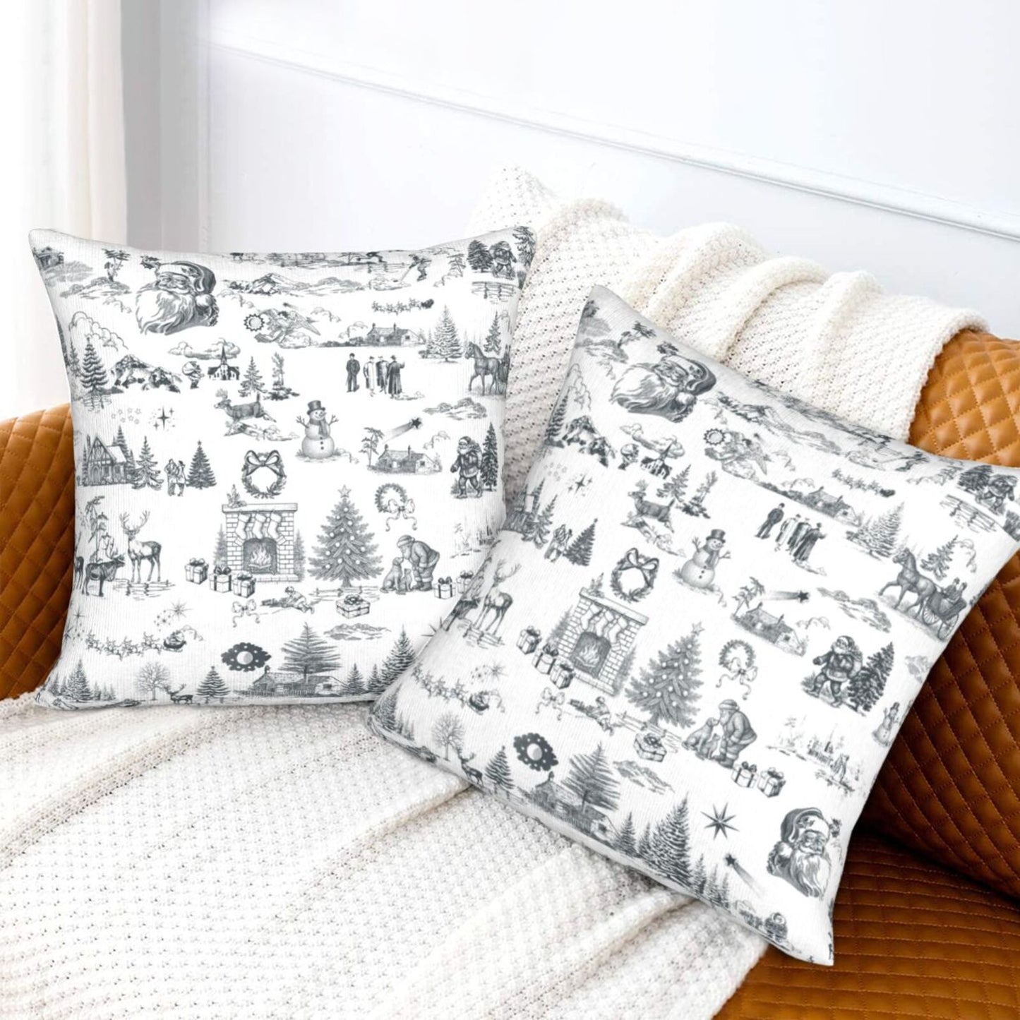 Toile Christmas Throw Pillow Covers 18x18 inch Set of 2 Winter Holiday Velvet Decorative Cushion Covers for Sofa Couch