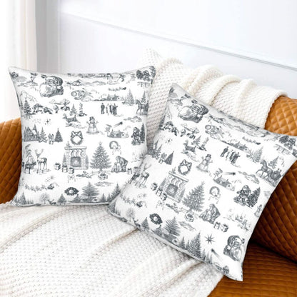 Toile Christmas Throw Pillow Covers 18x18 inch Set of 2 Winter Holiday Velvet Decorative Cushion Covers for Sofa Couch
