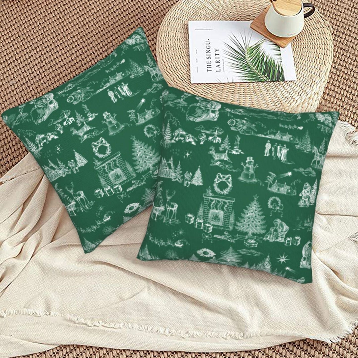 Toile Christmas Throw Pillow Covers 18x18 inch Set of 2 Winter Holiday Velvet Decorative Cushion Covers for Sofa Couch