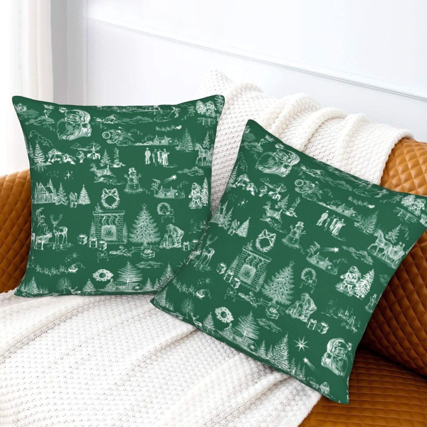Toile Christmas Throw Pillow Covers 18x18 inch Set of 2 Winter Holiday Velvet Decorative Cushion Covers for Sofa Couch