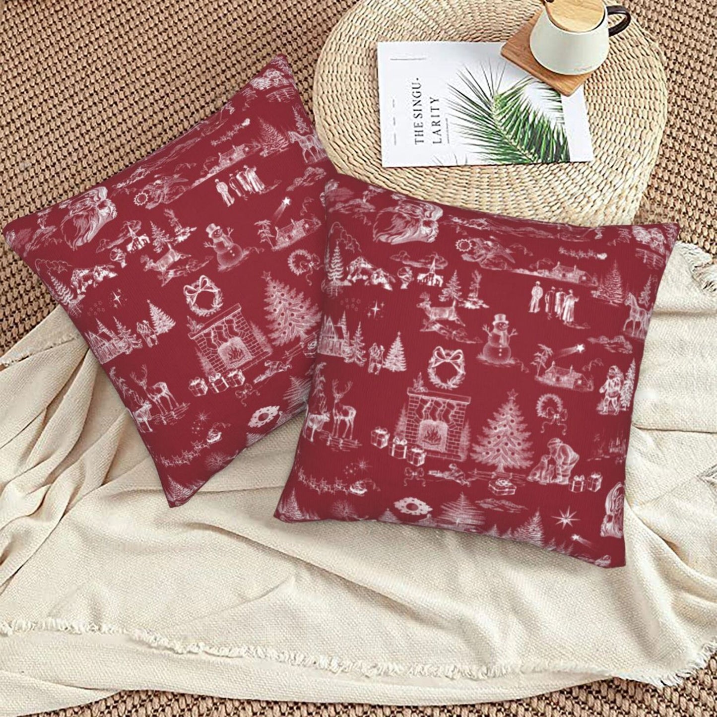 Toile Christmas Throw Pillow Covers 18x18 inch Set of 2 Winter Holiday Velvet Decorative Cushion Covers for Sofa Couch