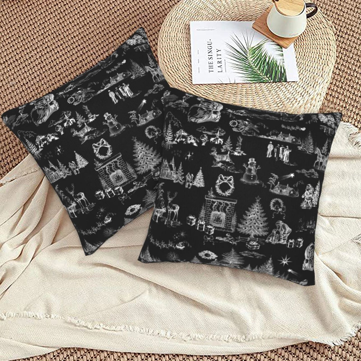 Toile Christmas Throw Pillow Covers 18x18 inch Set of 2 Winter Holiday Velvet Decorative Cushion Covers for Sofa Couch