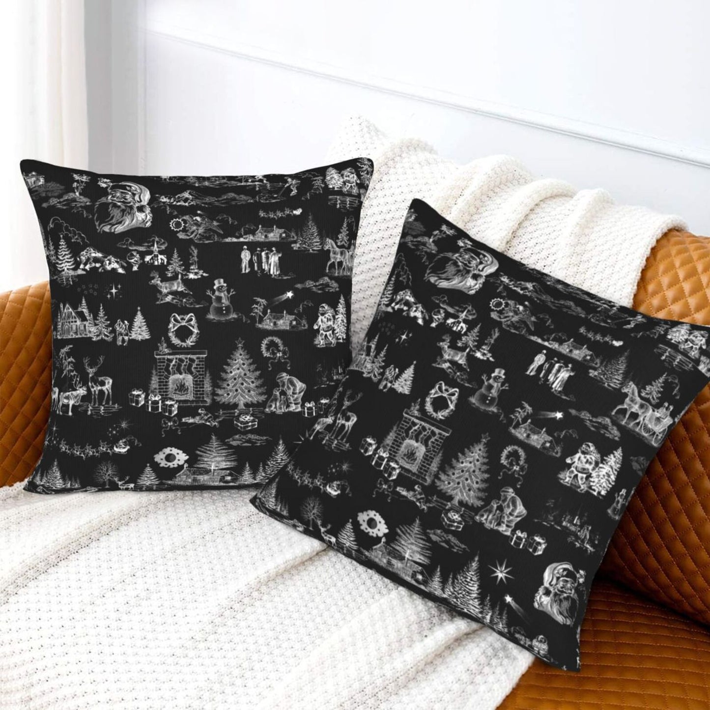 Toile Christmas Throw Pillow Covers 18x18 inch Set of 2 Winter Holiday Velvet Decorative Cushion Covers for Sofa Couch