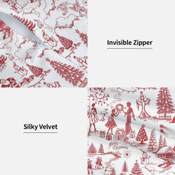 Hidden zipper and velvet detail on a pillow cover with red winter holiday toile