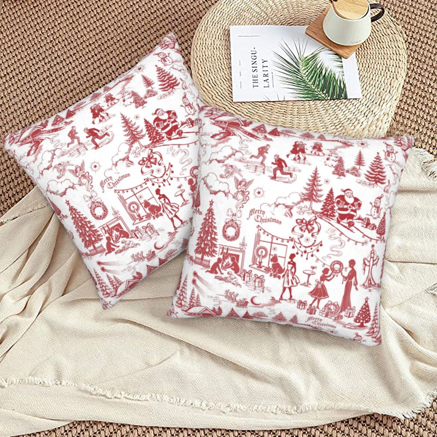 Winter Holiday Xmas Throw Pillow Covers 18x18 inch Set of 2 Christmas Toile Cushion Covers for Sofa Couch