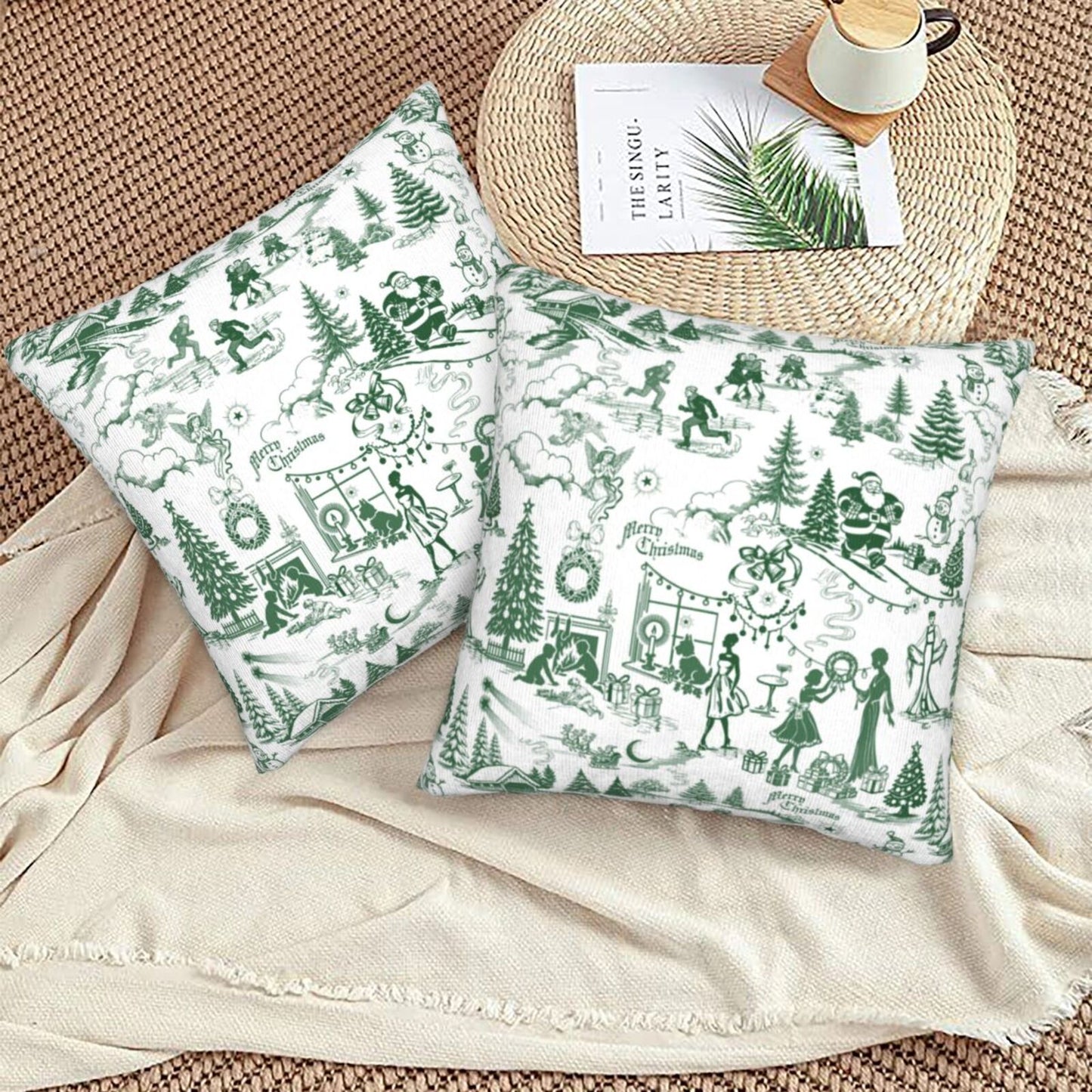 Winter Holiday Xmas Throw Pillow Covers 18x18 inch Set of 2 Christmas Toile Cushion Covers for Sofa Couch