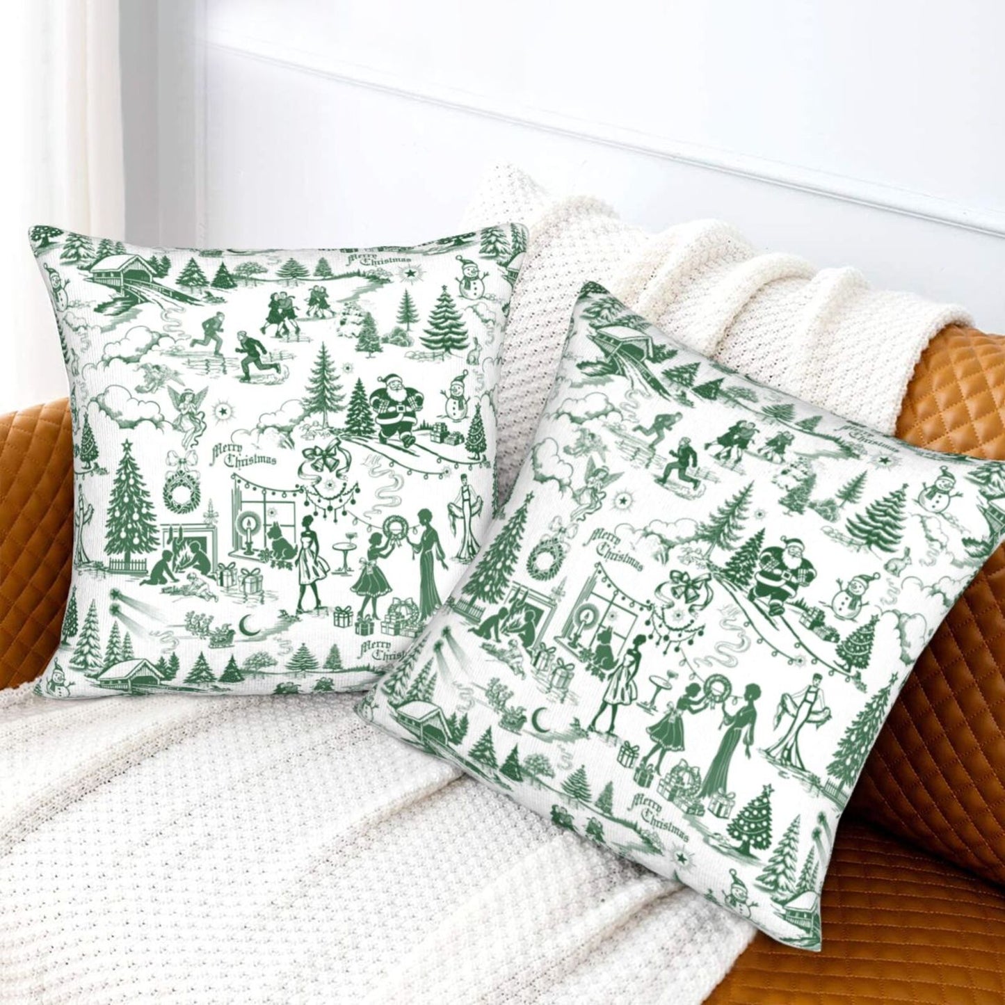 Winter Holiday Xmas Throw Pillow Covers 18x18 inch Set of 2 Christmas Toile Cushion Covers for Sofa Couch