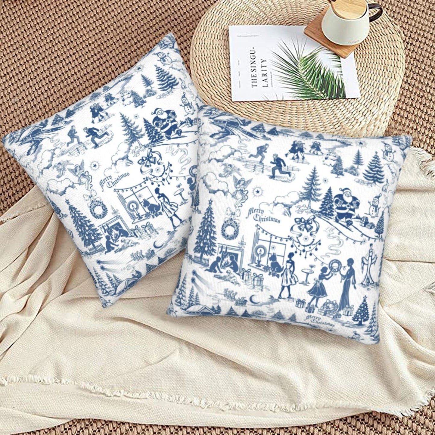 Winter Holiday Xmas Throw Pillow Covers 18x18 inch Set of 2 Christmas Toile Cushion Covers for Sofa Couch
