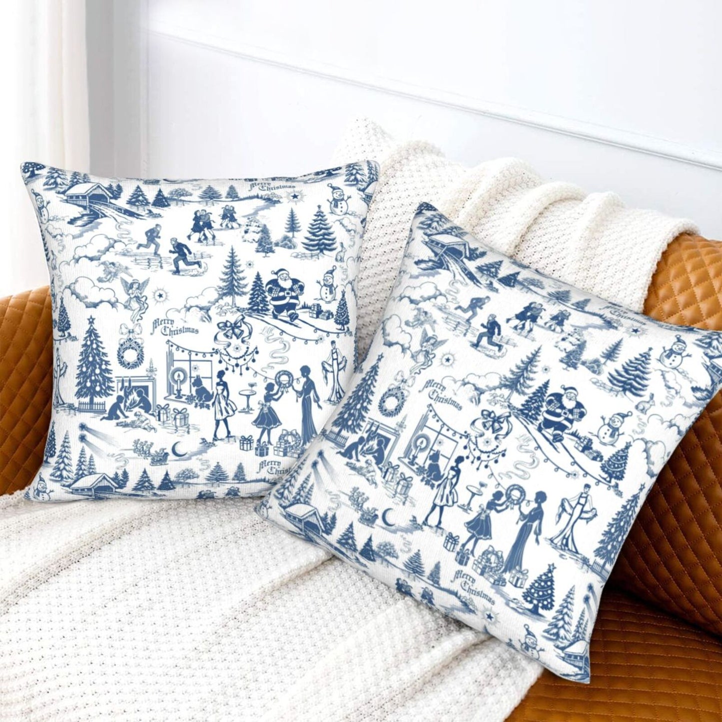 Winter Holiday Xmas Throw Pillow Covers 18x18 inch Set of 2 Christmas Toile Cushion Covers for Sofa Couch