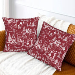White on burgundy winter holiday toile velvet pillow covers styled on a bed