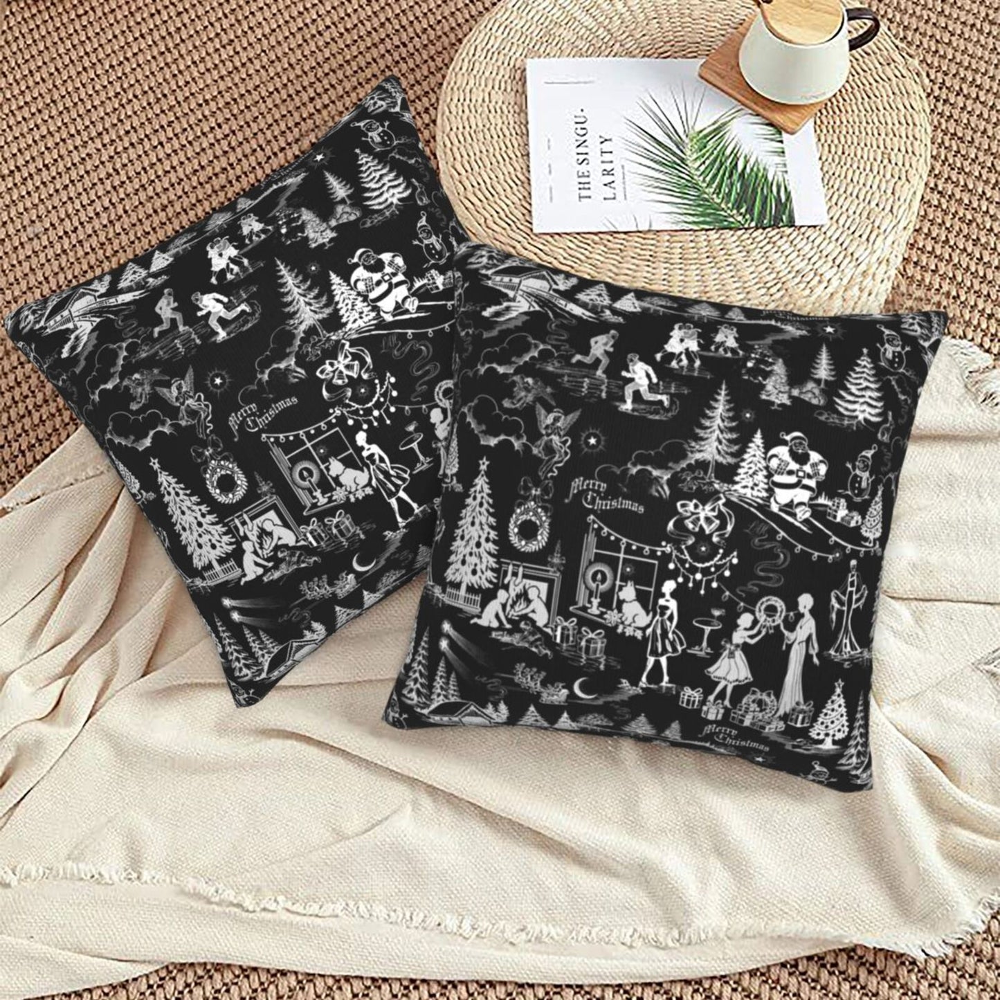 Winter Holiday Xmas Throw Pillow Covers 18x18 inch Set of 2 Christmas Toile Cushion Covers for Sofa Couch